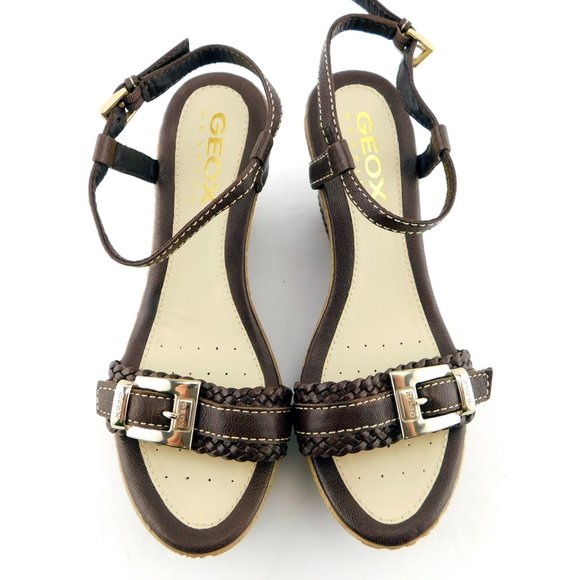 GEOX Buckled Brown Braided Leather Ankle Strap Wedge Heel Sandals 36 - Picture 3 of 10